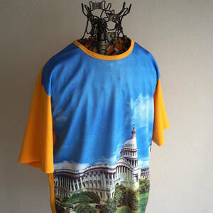 1970s ヴィンテージ U.S.Capitol フォトプリント Tシャツ M位 イエロー アメリカ合衆国議会議事堂 ポリエステル 写真 風景 USA 海外 古着