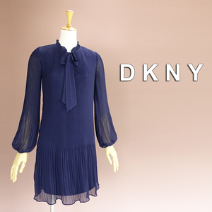 新品 DKNY 4P/9号 ダナキャラン 紺 シフォン ワンピース パーティドレス 長袖 結婚式 二次会 披露宴 フォーマル 発表会 お呼ばれ 華38X0205