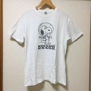 送料込 木梨サイクル PEANUTS プリントT white Mサイズほど USED Tシャツ 半袖 白 アメカジ 古着 スヌーピー 木梨憲武 とんねるず 自転車