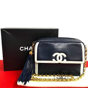 極 美品 カード シール有 箱 袋付き 2番台 CHANEL シャネル ココマーク フリンジ ラムスキン チェーン ショルダーバッグ ネイビー 紺 320-1