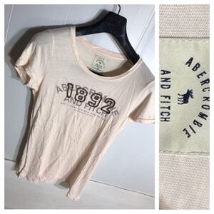 ABERCROMBIE AND FITCH アバクロンビー&フィッチ ナンバリング1892 フロッキープリント アーチロゴ 半袖 Tシャツ ピンク M