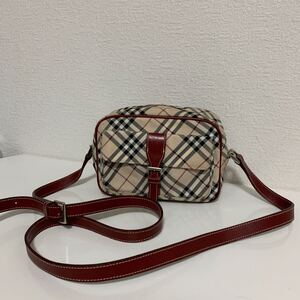 良品　 BURBERRY バーバリーブルーレーベル　 ノバチェック キャンバス レザー ショルダーバッグ　赤系