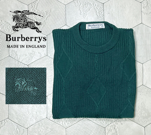 90s 英国製 バーバリー 旧プローサム【BURBERRYS】ホース刺繍 ケーブル編み デザインリブニット 緑 42/ゆったりLサイズ相当