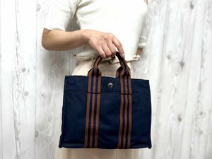 極美品 HERMES エルメス フールトゥPM ハンドバッグ トートバッグ キャンバス 紺×茶 76149