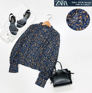 未使用品 /M/ ZARA ブルー系 フローラルシャツ レディース 長袖ブラウス カジュアル トップス 通勤 フェミニン 大人可愛い デイリー ザラ