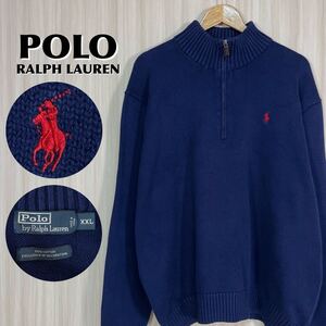 ☆入手困難☆XXL表記☆POLO ポロバイラルフローレン 刺繍 レッドポニー ハーフジップ コットンニット セーター 濃紺 ネイビー 90s 古着