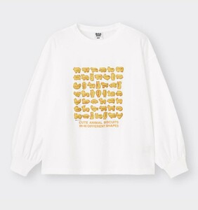 XL 新品 たべっ子どうぶつ ロングスリーブT ギンビス GU 立体ビスケット柄 ホワイト 白 ロンT 長袖Tシャツ 綿100% 送料無料