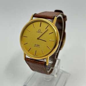 ▽▼【稼働品】オメガ OMEGA デビル DE VILLE 腕時計 クォーツ ラウンド型 格子柄 プッシュ 1351 ゴールド文字盤 ※ベルトは社外品▼▽