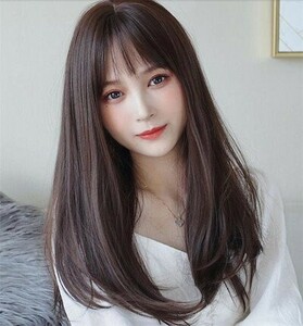 ダークブラウン ウィッグ ロング ストレート ウィッグ 耐熱 ぱっつん ネット付 ヘアアレンジ 自然 軽い 医療用 耐熱 ナチュラル かつら