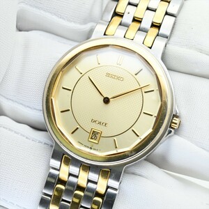 6.SEIKO/DOLCE●1990年製造 5E39-5A00 コンビカラー ゴールド クオーツ 電池交換済 メンズ腕時計 12角風防 ドルチェ 純正ベルト