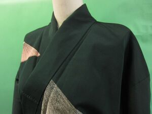 着物　正絹　縮緬　袷の小紋の着物　びろうど色に扇面紋様　広衿　リメイクに　コスプレにも　保管品