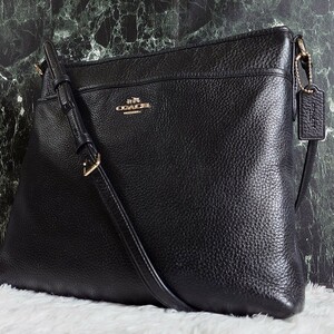 【美品】COACH コーチ ショルダーバッグ ビジネス 斜め掛け クロスボディ ゴールド金具 ロゴ レザー 革 ブラック 黒 チャーム 馬車 メンズ