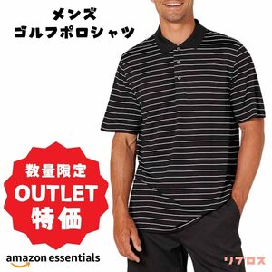 新品 Amazon Essentials ゴルフポロシャツ メンズ Lサイズ レギュラーフィット 半袖 ブラックストライプ ポリエステル100％ 洗濯機対応