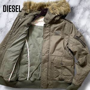 希少XL相当!!!極美品!!! DIESEL フライトジャケット ファー ミリタリー ダウン ロゴ刺繍 アウター カーキ archive y2k 00