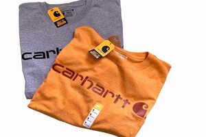 フラッシャー付きデッドストックCarharttカーハートルーズフィットロゴプリントTシャツM霜降りオレンジワークアメカジストリートnr23767