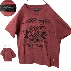 グッドデザイン！Ed Hardy エドハーディー スカルプリント Tシャツ 小豆色