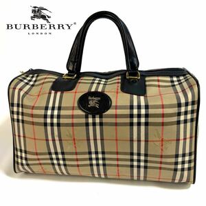 【美品】BURBERRY Burberrys バーバリー キャンバス レザー ノバチェック ボストンバッグ ハンドバッグ シャドーホース ベージュ 鍵付き