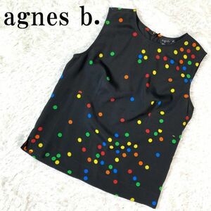 agnes b. アニエスベー ノースリーブブラウス ブラック 袖なし ドット 水玉 カラフル 黒 ポリエステル100％ 36 B6332