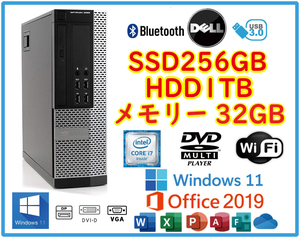 ★送料無料★スリムPC★超高速 i7（3.9Ghz）/新品SSD256GB+大容量HDD1TB/メモリ32GB/Wi-Fi/BT/Win11/Office2019/HDMI/DELL OPTIPLEX 9020