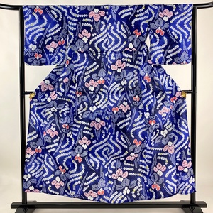 浴衣 身丈155cm 裄丈63.5cm S 絞り浴衣 菖蒲 流水 藍色 綿 美品 名品 【中古】