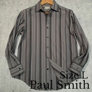 Lサイズ●マルチストライプ Paul Smith ポールスミス モノトーン ワイドカラー 長袖 ドレス カジュアル シャツ 羽織