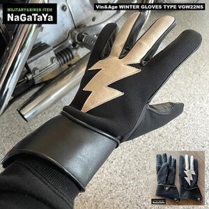 Vin&Age ビンアンドエッジ VGW22NS WINTER GLOVES 防水仕様 牛革×ネオプレーン ナーティーガントレット グローブ 黒×白 Mサイズ BIKER