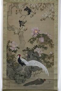 【真作 佳品】掛軸「杉谷雪樵 花鳥図 大幅」明治14年55歳 幕末明治 肥後熊本藩御用絵師 絵画