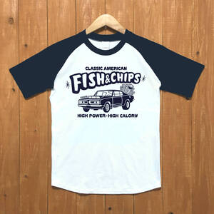 ■FISH&CHIPS ラグランTシャツ■XLサイズ（ネイビーxネイビー）アメリカ　アメ車 モパ－　MOPAR PLYMOUTH BARRACUDA ハンバーガー　ポテト