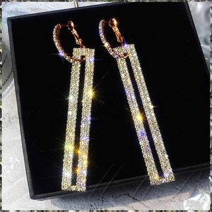 [EARRING] Rose Gold Plated Luxury Crystal スーパー シャイニング フル クリスタル 71mm ロング レクタングル ダングル & リング ピアス