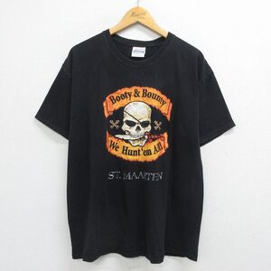 XL/古着 ヘインズ 半袖 ビンテージ Tシャツ メンズ 00s スカル セントマーチン島 コットン クルーネック 黒 ブラック 23jun16 中古