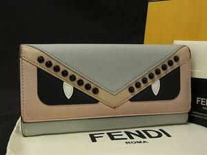 1円 FENDI フェンディ モンスター レザー スパイクスタッズ 二つ折り 長財布 ウォレット ライトブルー系×ピンク系×ブラック系 BL5938