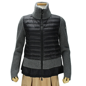 モンクレール MONCLER ダウンジャケット ニット切替 フリル カーディガン CARDIGAN ナイロン ウール グレー ブラック 黒 サイズS 中古