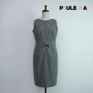 美品 PAULE KA ポールカ 千鳥格子 フロントジップ ウールノースリーブ膝丈ワンピース 裏地あり レディース グレー サイズ38*QC90