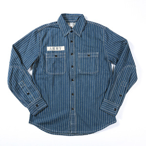 即決★ ヴィンテージ ワーク コットンピンストライプデニム長袖シャツ ダンガリーアメカジ レト work shirt Ｓ〜XL グレーブルー