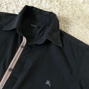 バーバリーブラックレーベル BURBERRY BLACK LABEL オープンカラーシャツ 比翼　半袖 ブラック　黒 ホースロゴ刺繍　サイズ2