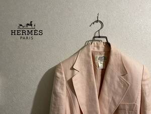 ◯ フランス製 HERMES ヘリンボーン リネン ジャケット / エルメス テーラード シングル 1Ｂ ライトピンク 40 Ladies #Sirchive