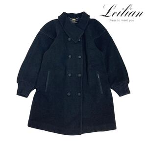 10T108☆ Leilian ウール バルーンスリーブ ブラック ロングコート アウター 秋冬 大きいサイズ 13＋ XXL