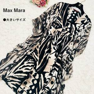 美品 Lサイズ MaxMara【ロングワンピース 総柄 蝶々 シフォン 大きいサイズ】マックスマーラ フレア Ｖネック バタフライ シアー タック