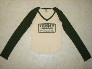 ■美品 tommygirl トミーヒルフィガー トミーガール 日本製 綿100% 長袖 トップス カットソー ブラウス Sサイズ 36号 7号 1号 白×カーキ