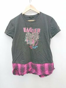 ◇ Desigual デシグアル イラスト ロゴ 切替 チェック 半袖 Tシャツ カットソー サイズL ブラック ピンク レディース P