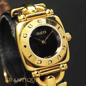 ■1円～■ GUCCI グッチ 6300L GP/革 QZ 純正ベルト ホースビット 黒 文字盤 2針 USED品 稼働 レディース 腕時計 「25830」