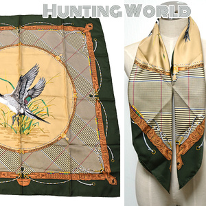 Hunting World■美品　ロゴ×千鳥格子柄大判シルクスカーフ　メンズ　ユニセックス　ハンティングワールド　ショール