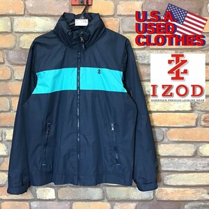 ME7-515★アメリカ買付品★良品【IZOD】収納フード付き 裏メッシュ バイカラー ウィンドジャケット【メンズ M】紺×緑 ゴルフ シャカシャカ