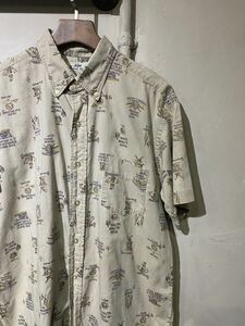 【即決】60s ヴィンテージ 総柄 ボタンダウンシャツ B.D shirt 3点留め マチ付き 半袖 ベージュカーキ usa アメリカ 古着 ビンテージ L