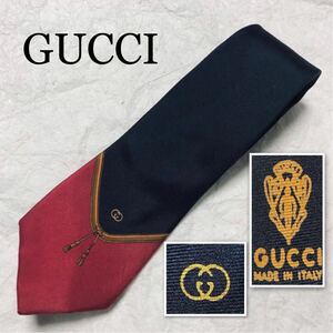 GUCCI グッチ　ネクタイ　インターロッキングG総柄　レザー製品風　シルク100% イタリア製　ネイビー×レッド　ビジネス　オールドグッチ