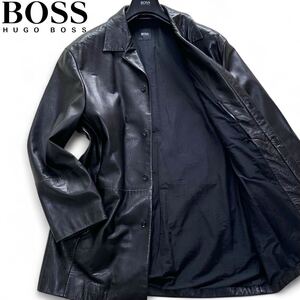 希少2XL■ヒューゴボス ラムレザー チェスターコート ブラック メンズ 54 HUGO BOSS コート 比翼 黒 テーラードジャケット 羊革 国内正規品