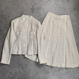 【pierre cardin】ピエールカルダン(M)日本製 スタンドカラー ジャケット スカート ツイード 総柄 ウール セットアップ