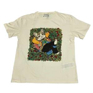 ○送料無料 美品 GUCCI グッチ ×ヒグチユウコ 半袖Tシャツ 猫プリント コットン オフホワイト系 レディース サイズ12