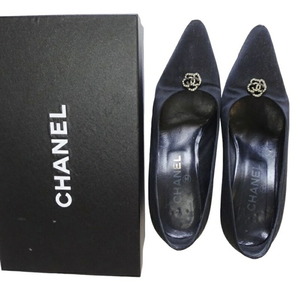 Vintage CHANEL USED シャネル レディース パンプス 37サイズ 黒 アーモンドトゥ ピンヒール 7cm ココマーク 冠婚葬祭 結婚式