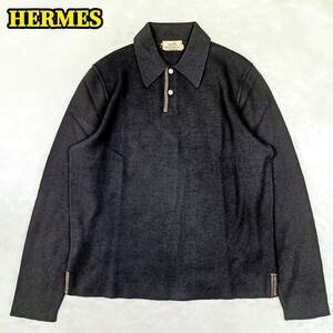 【至高の嗜み】HERMES エルメス カシミア ウール 長袖 セーター ポロシャツ スナップボタン スリット L イタリア製 